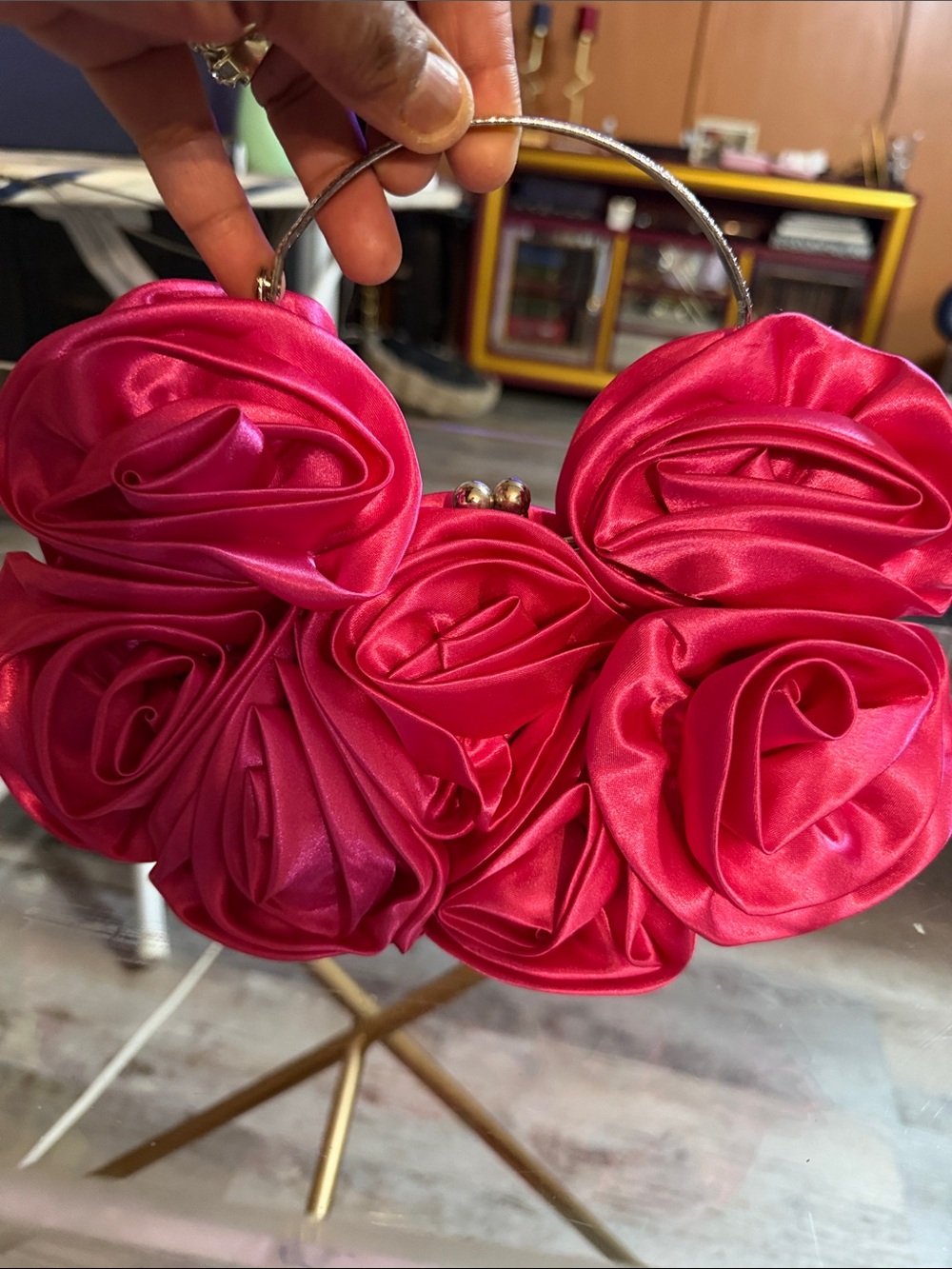 Elegant Floral 3D Satin Evening Bag - Hot Pink